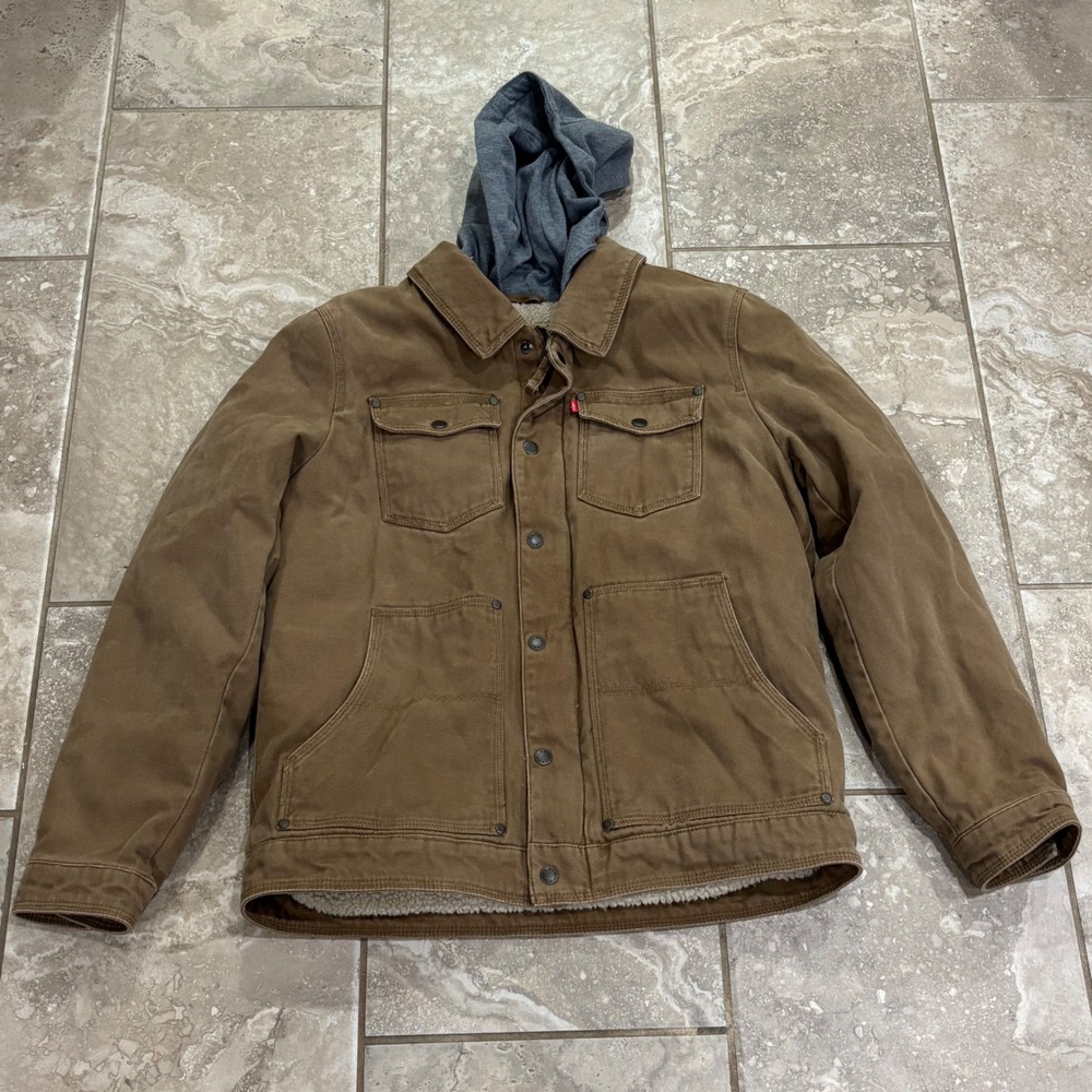 Levis Mens Sherpa Lined Hooded Trucker Jacket Brown Canvas Work Coat Medium